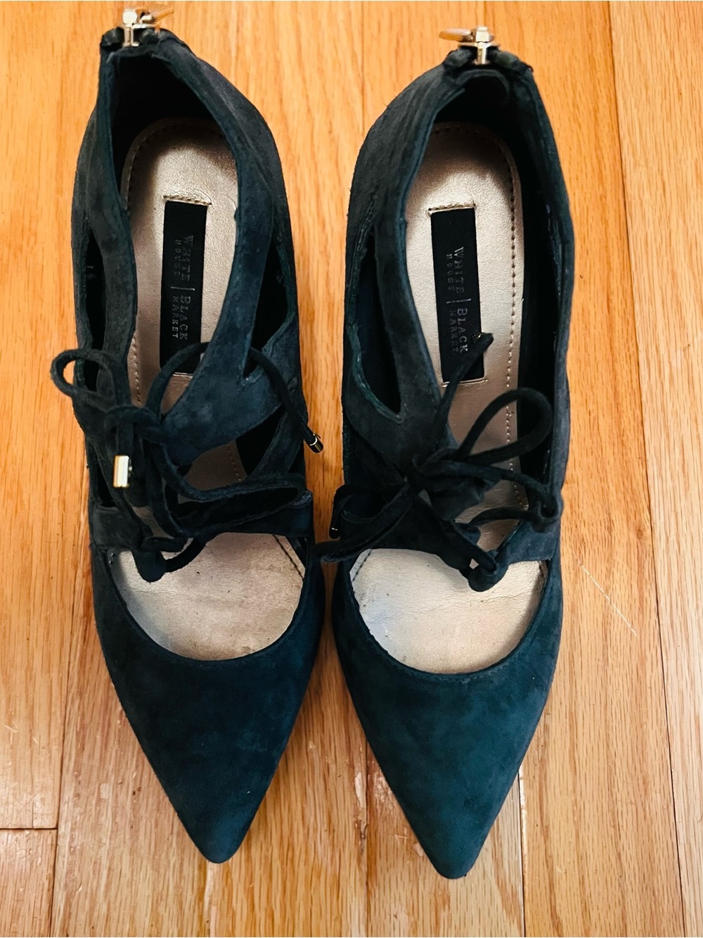 White House Black Market Teal Suede Pointed Lace-Up Heels